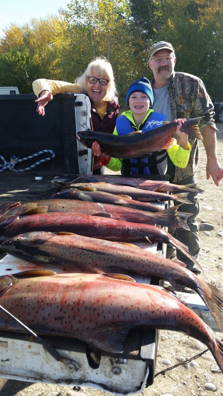 Salmon catch laid out after a day on the river