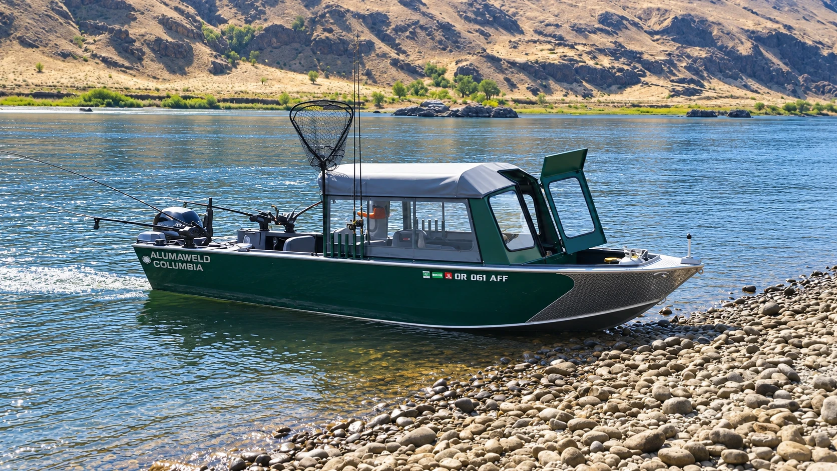 The 26 ft Alumaweld Columbia guide boat on the river